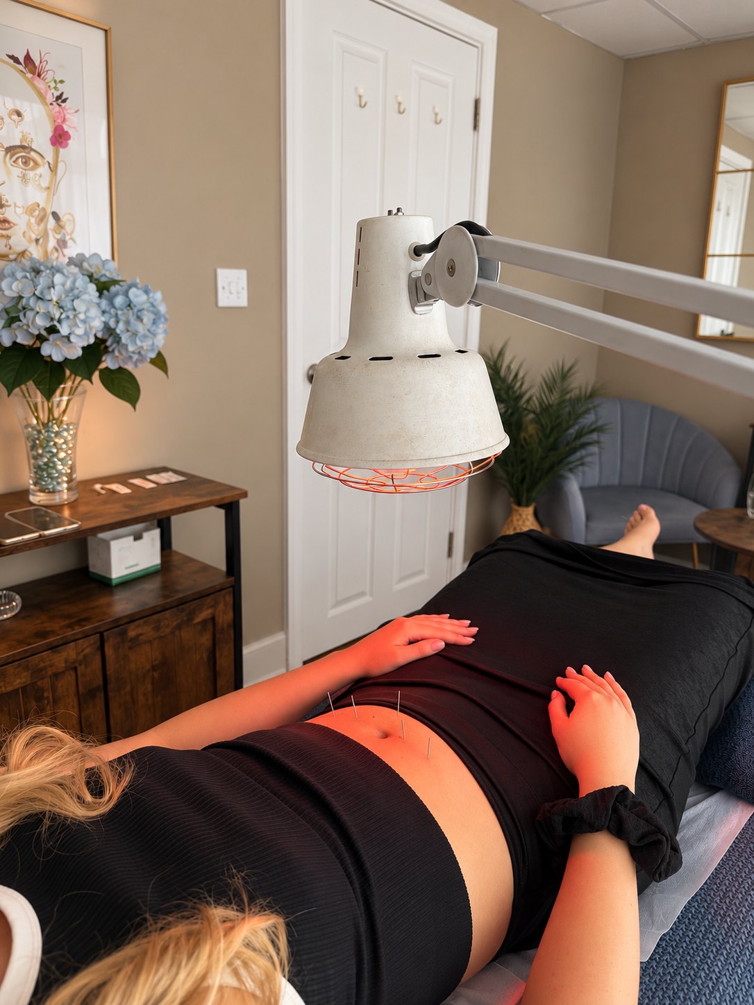 A patient relaxing during fertility acupuncture under a warming lamp at Juniper Clinic