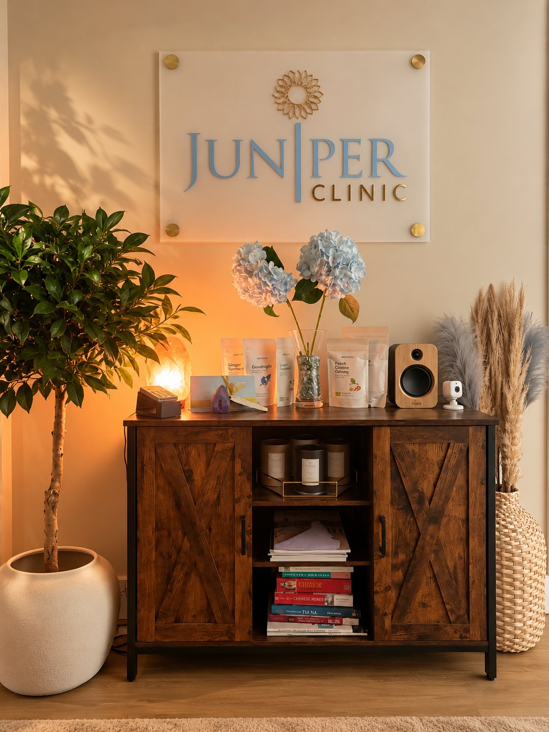 Juniper Clinic reception in Stockton Heath, with the clinic sign, plants and hydrangeas