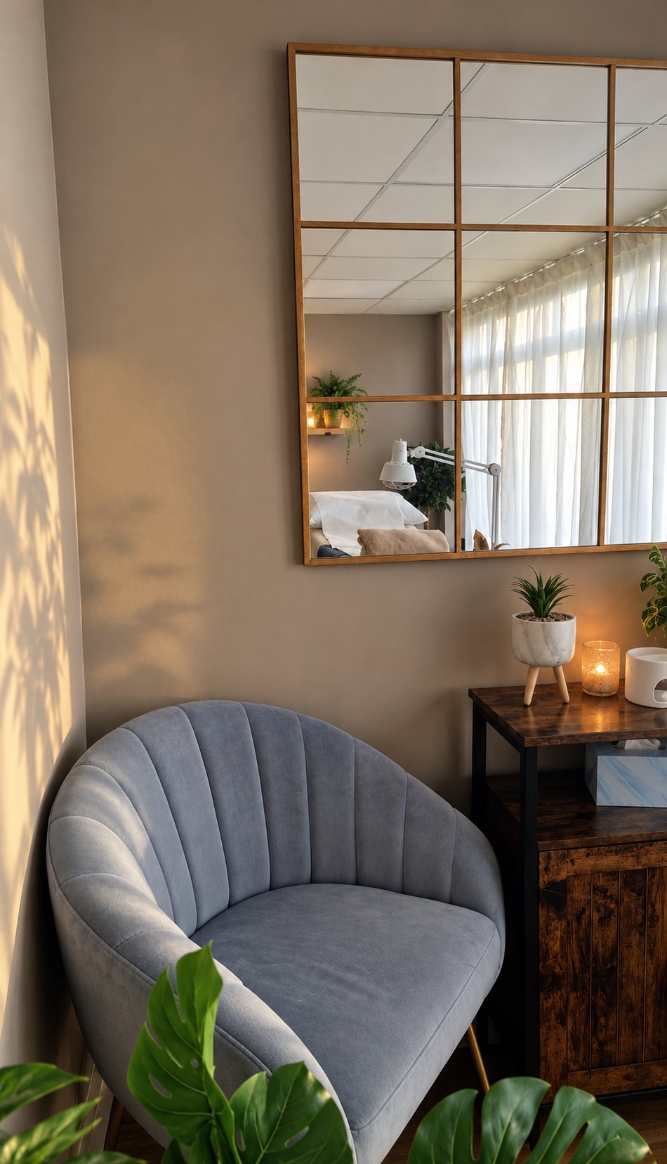 The calm treatment room at Juniper Clinic with a soft blue chair and candlelight